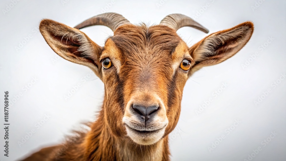 Funny Brown Goat Head with Long Ears, Close-up, Isolated on White Background - Perfect for Pet Lovers & Animal Themed Designs Funny Brown Goat Head with Long Ears, Close-up, Isolated on White Background - Perfect for Pet Lovers & Animal Themed Designs