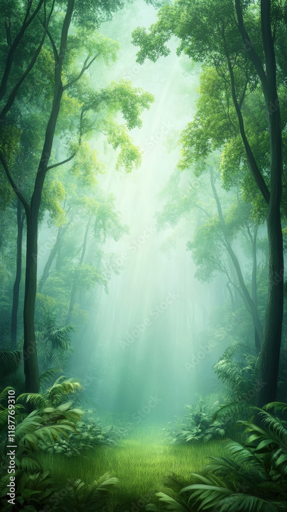 Fototapeta premium Enchanted Forest Scene with Lush Greenery, Soft Light Filtering Through Tall Trees, Creating a Serene and Tranquil Atmosphere in Nature