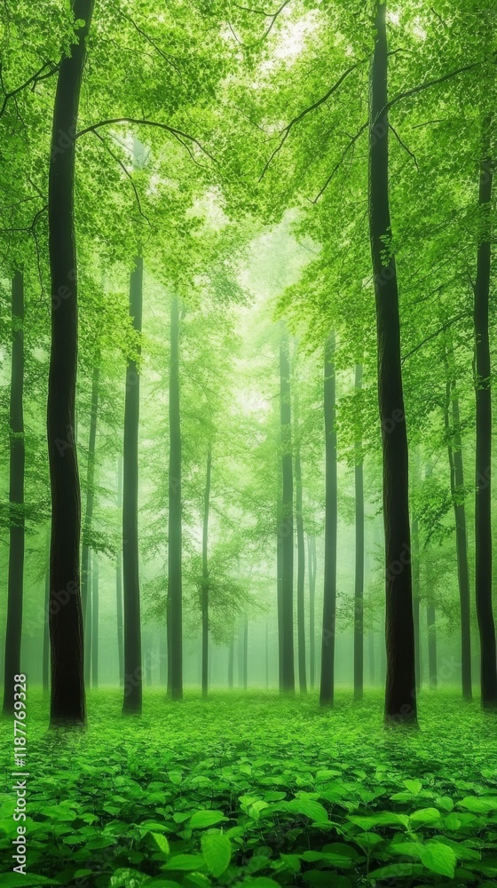Lush Green Forest with Tall Trees Surrounded by Mist and Vibrant Underbrush Creating a Serene Nature Landscape in Harmony with the Environment Lush Green Forest with Tall Trees Surrounded by Mist and Vibrant Underbrush Creating a Serene Nature Landscape in Harmony with the Environment