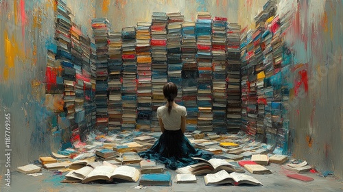 Woman amidst towering books in colorful room, contemplating knowledge.