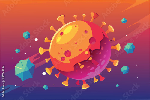 Mask illustration being drawn in strokes, with dynamic animations of hmpv and covid virus particles disappearing hmpv and covid virus Clipart Vector