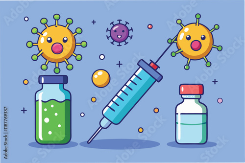 Vector animation of vaccine vial filling up, syringe drawing liquid, and injecting into glowing particle hmpv and covid virus Clipart Vector
