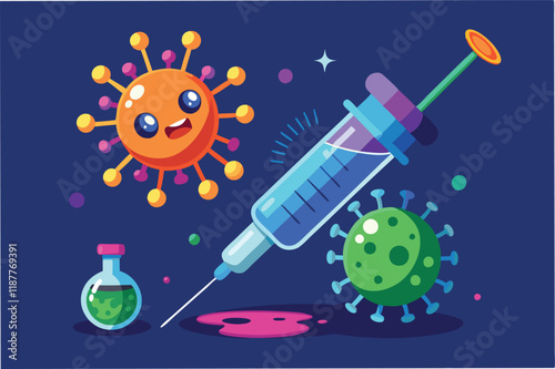 Vector animation of vaccine vial filling up, syringe drawing liquid, and injecting into glowing particle hmpv and covid virus Clipart Vector