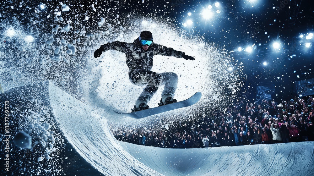 Naklejka premium Action-Packed Snowboarder Performing Tricks in a Winter Competition