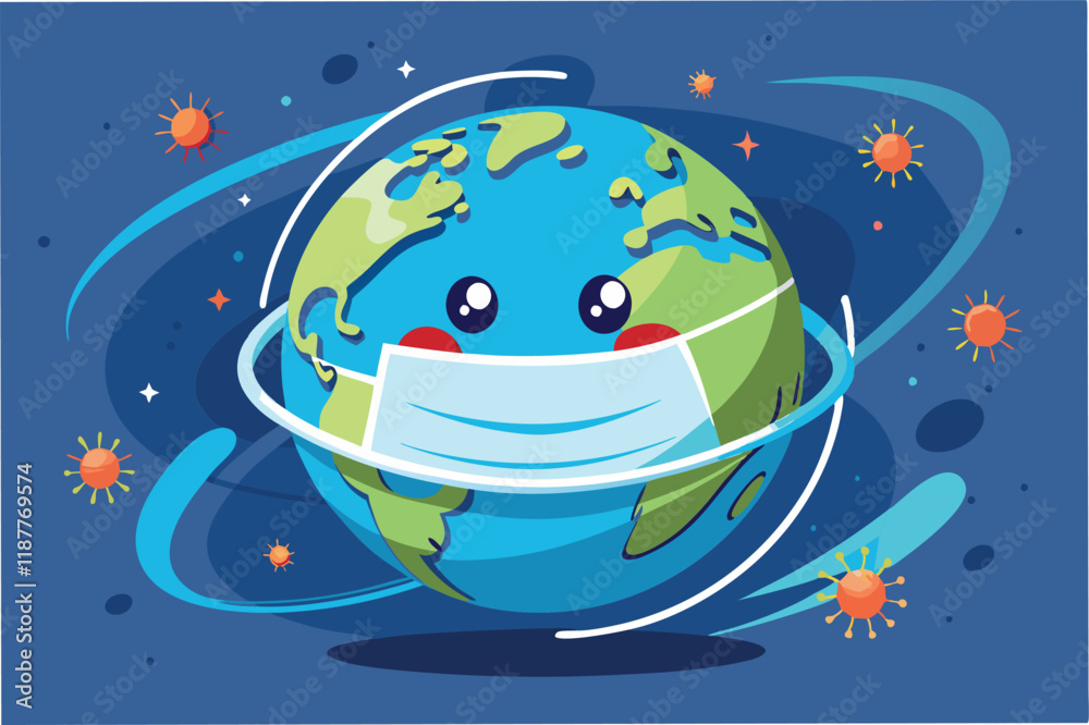 Naklejka premium Vector animation of globe wearing face mask, spinning with hmpv and covid virus particles orbiting around, loopable design hmpv and covid virus Clipart Vector