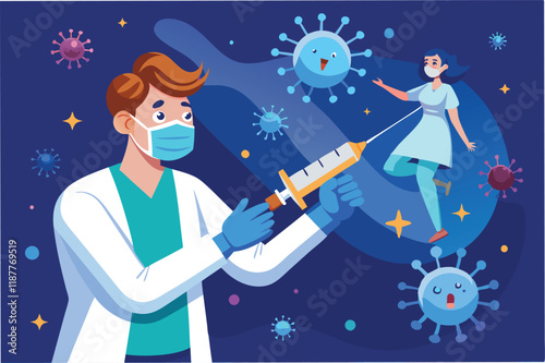 Healthcare workers in full PPE suits, 3D photo realistic style, dramatic lighting Clipart Vector