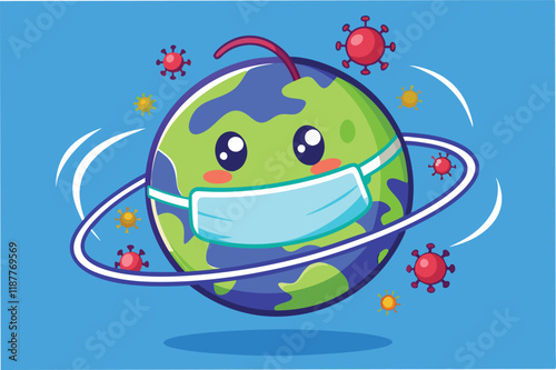 Vector animation of globe wearing face mask, spinning with hmpv and covid virus particles orbiting around, loopable design hmpv and covid virus Clipart Vector