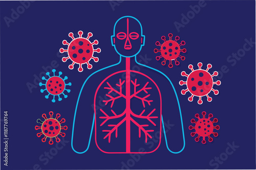 Stylized human respiratory system outline with hmpv and covid virus particles spreading, blue and red medical infographic style hmpv and covid virus Clipart Vector