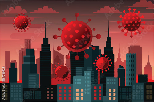 Realistic background of city skyline with red hmpv and covid virus warning overlays, dramatic lighting hmpv and covid virus Clipart Vector