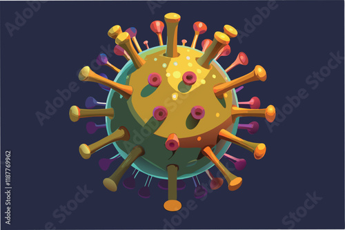 Realistic 3D rendering of hmpv and covid virus particle, detailed spikes, glowing in dark lab environment Clipart Vector