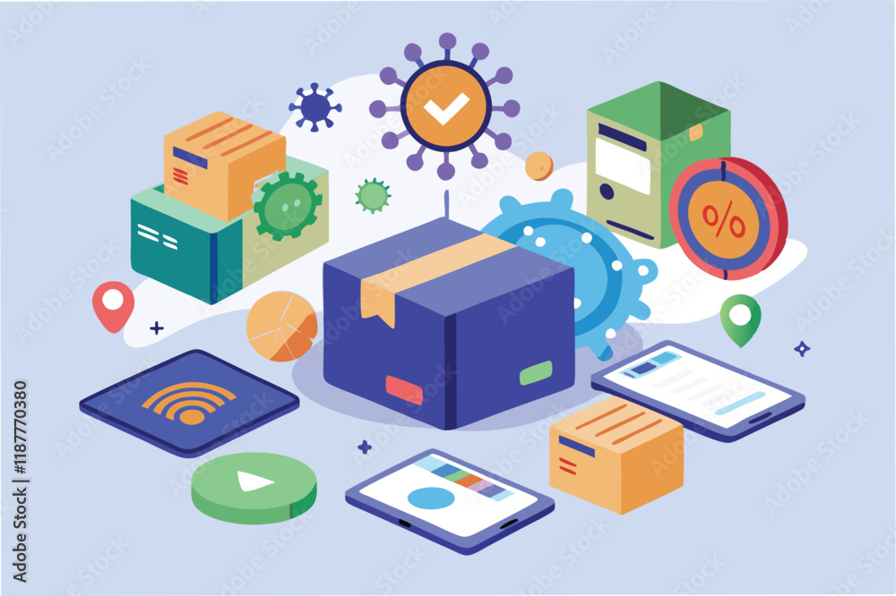 Fototapeta premium Online shopping animation with delivery boxes appearing, contactless payment icons, and floating hmpv and covid virus icons hmpv and covid virus Clipart Vector
