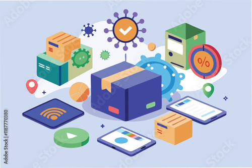 Online shopping animation with delivery boxes appearing, contactless payment icons, and floating hmpv and covid virus icons hmpv and covid virus Clipart Vector