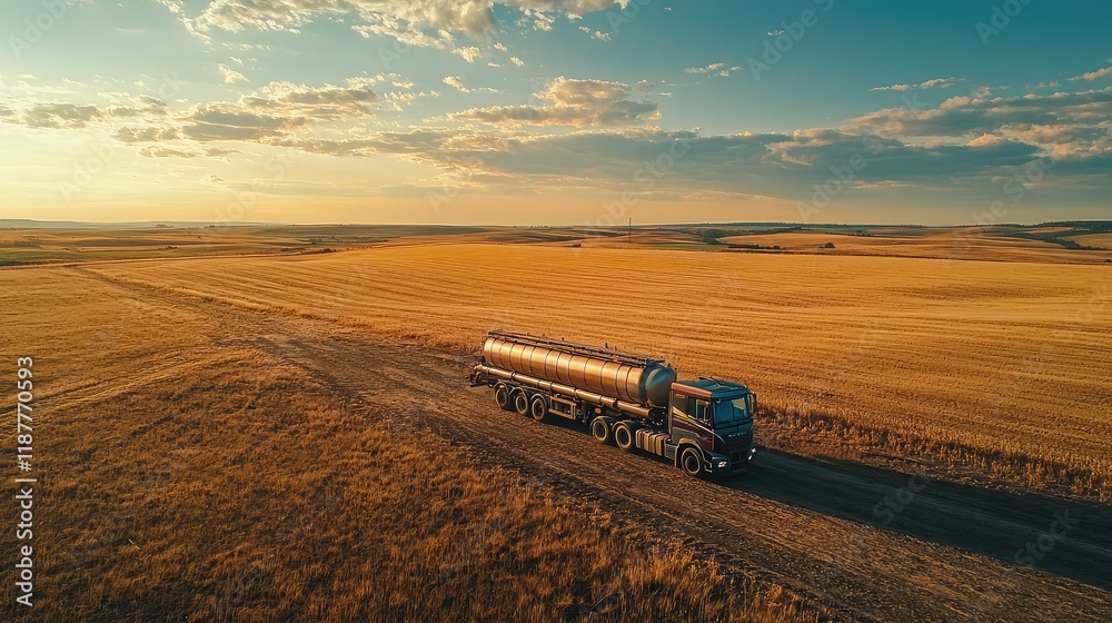 Vast Golden Fields with a Tanker Truck on a Rural Dirt Road