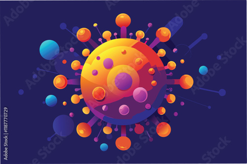 Microscopic view of hmpv and covid virus inside human cell, vibrant colors, highly detailed, futuristic sci fi aesthetic Clipart Vector