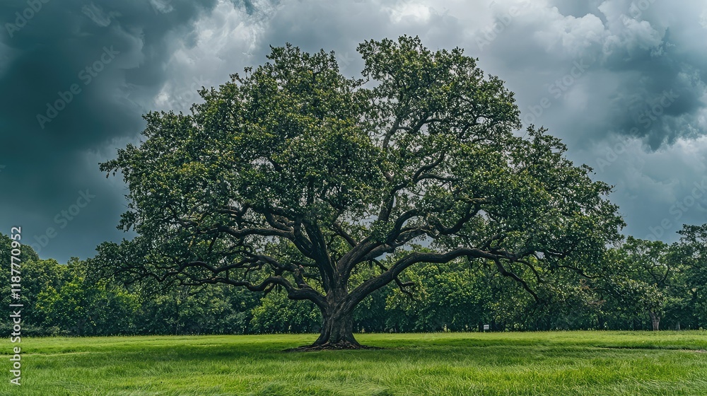 Majestic Oak Tree Under Dramatic Sky in Lush Green Landscape Majestic Oak Tree Under Dramatic Sky in Lush Green Landscape