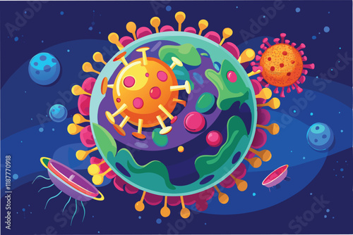 Microscopic animation of hmpv and covid virus entering human cell, colorful and detailed scientific vector design hmpv and covid virus Clipart Vector
