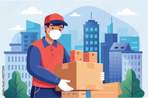 Masked delivery worker dropping off packages during pandemic, realistic city backdrop hmpv and covid virus Clipart Vector