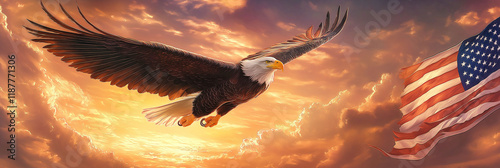 Majestic bald eagle soaring at sunset with american flag
