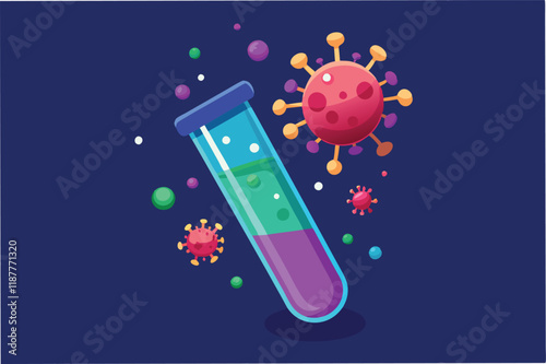 Lab test tube animation, with liquid bubbling and hmpv and covid virus particles floating out, clean vector style hmpv and covid virus Clipart Vector