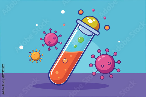 Lab test tube animation, with liquid bubbling and hmpv and covid virus particles floating out, clean vector style hmpv and covid virus Clipart Vector