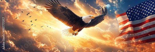 Majestic bald eagle soaring at sunset with american flag and flock of birds
