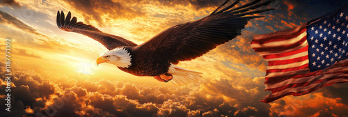 Majestic bald eagle soaring above sunset clouds with american flag