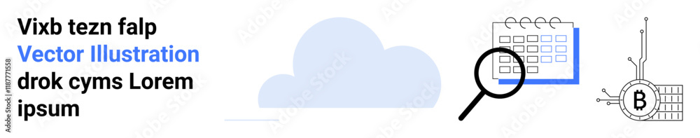 Calendar highlighted by magnifying glass, cloud, and circuit board. Ideal for scheduling, planning, data analysis, cloud storage, tech presentations, business strategy, educational content. Landing Calendar highlighted by magnifying glass, cloud, and circuit board. Ideal for scheduling, planning, data analysis, cloud storage, tech presentations, business strategy, educational content. Landing