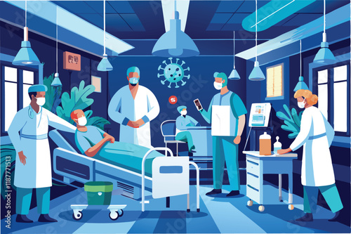 Hospital ICU room with hmpv and covid virus patients, medical equipment, and exhausted doctors, cinematic lighting hmpv and covid virus Clipart Vector