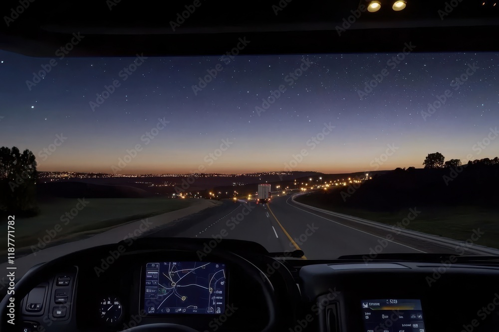 Nighttime highway view from a truck cabin, showcasing stars and city lights. Nighttime highway view from a truck cabin, showcasing stars and city lights.