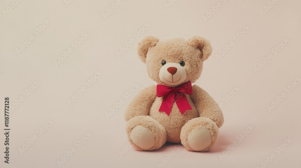 Adorable Plush Teddy Bear with Red Bow on Pink Background Adorable Plush Teddy Bear with Red Bow on Pink Background