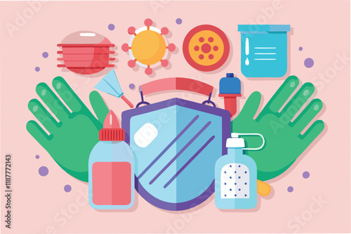 Flat lay design of hmpv and covid virus prevention tools (masks, gloves, sanitizer) on soft gradient background hmpv and covid virus Clipart Vector