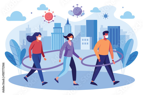 Flat design animation of people wearing masks, walking in loop, with subtle cityscape in the background hmpv and covid virus Clipart Vector