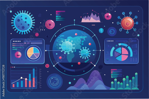 Digital dashboard style background with floating hmpv and covid virus particles and health datpoints, futuristic and clean hmpv and covid virus Clipart Vector
