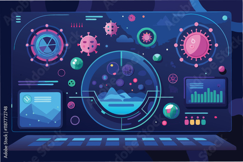 Digital dashboard style background with floating hmpv and covid virus particles and health datpoints, futuristic and clean hmpv and covid virus Clipart Vector