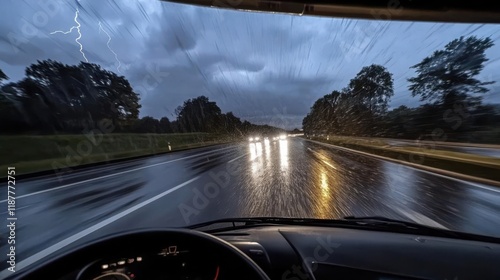 A rainy drive at dusk, showcasing blurred lights and raindrops on the windshield.