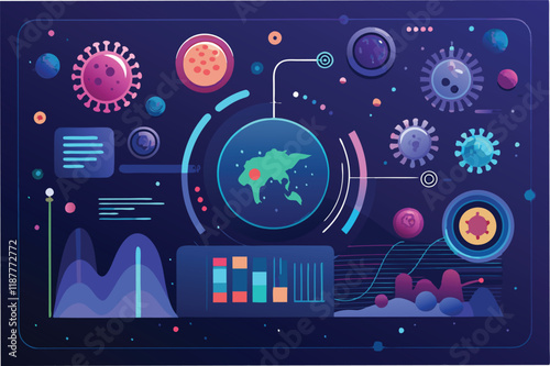 Digital dashboard style background with floating hmpv and covid virus particles and health datpoints, futuristic and clean hmpv and covid virus Clipart Vector