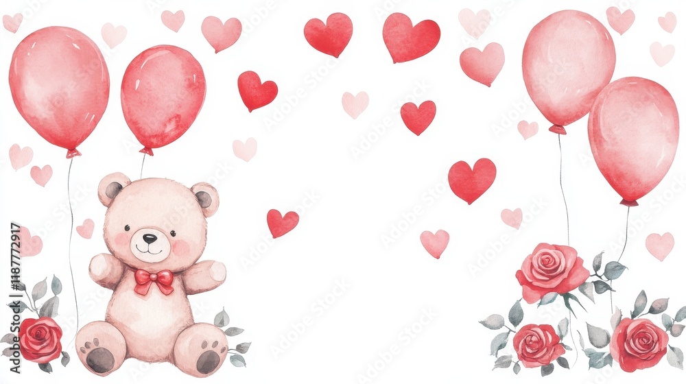 Adorable Teddy Bear with Pink Balloons and Roses Watercolor Illustration Adorable Teddy Bear with Pink Balloons and Roses Watercolor Illustration
