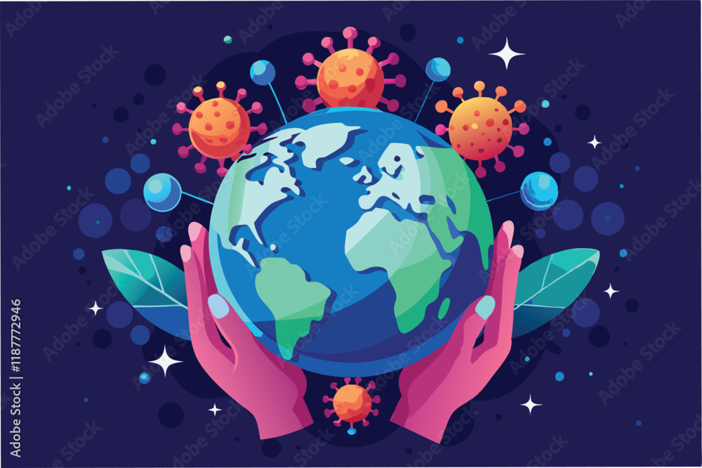 Digital 3D artwork of hands holding the Earth surrounded by hmpv and covid virus particles, hopeful theme hmpv and covid virus Clipart Vector Digital 3D artwork of hands holding the Earth surrounded by hmpv and covid virus particles, hopeful theme hmpv and covid virus Clipart Vector