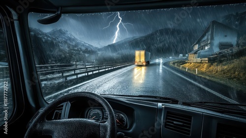 A truck driver's view during a storm with lightning and rain on a mountainous road.