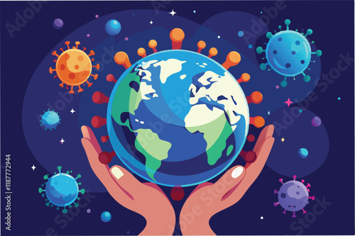 Digital 3D artwork of hands holding the Earth surrounded by hmpv and covid virus particles, hopeful theme hmpv and covid virus Clipart Vector