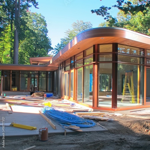 A beautifully designed wooden building, featuring large windows and intricate exterior construction. Trees surround it, creating a peaceful atmosphere under the bright, open sky
