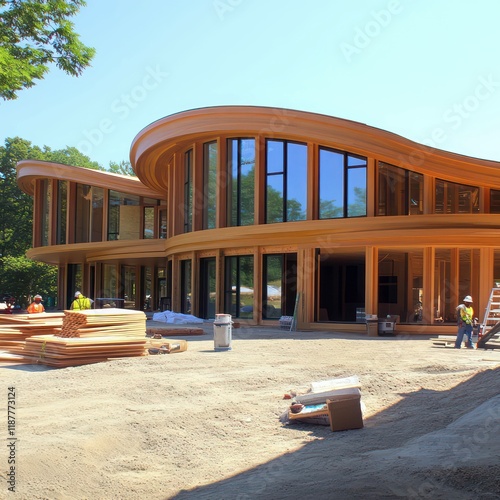 A beautifully designed wooden building, featuring large windows and intricate exterior construction. Trees surround it, creating a peaceful atmosphere under the bright, open sky