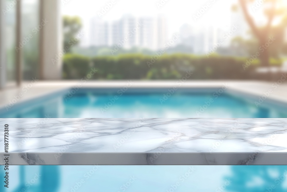 Obraz premium Marble table, poolside, city view, summer, product display (1)