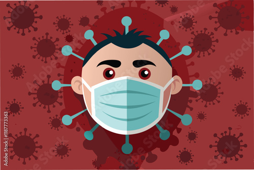 Close up of face mask on textured background, with faint hmpv and covid virus shapes in the corners, clean and simple hmpv and covid virus Clipart Vector
