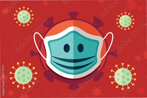 Close up of face mask on textured background, with faint hmpv and covid virus shapes in the corners, clean and simple hmpv and covid virus Clipart Vector