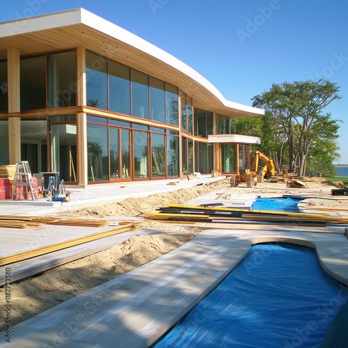 A beautifully designed wooden building, featuring large windows and intricate exterior construction. Trees surround it, creating a peaceful atmosphere under the bright, open sky