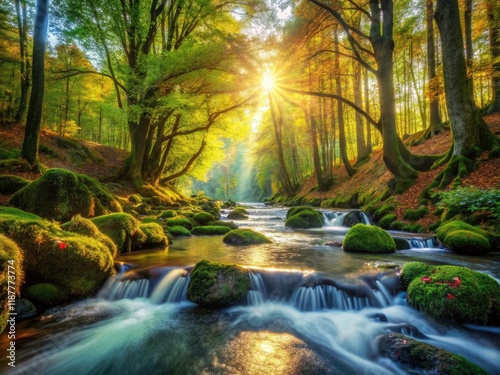 Panoramic Forest River Landscape Photography: Scenic Vista, Tranquil Nature,  Waterfall, Green Trees, Sunlight,  Peaceful River Scene