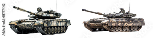 Two tanks side by side, one is painted in camouflage