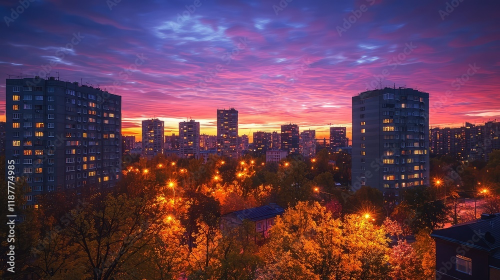 Fototapeta premium Vibrant Cityscape at Sunset with Colorful Sky and Illuminated Buildings