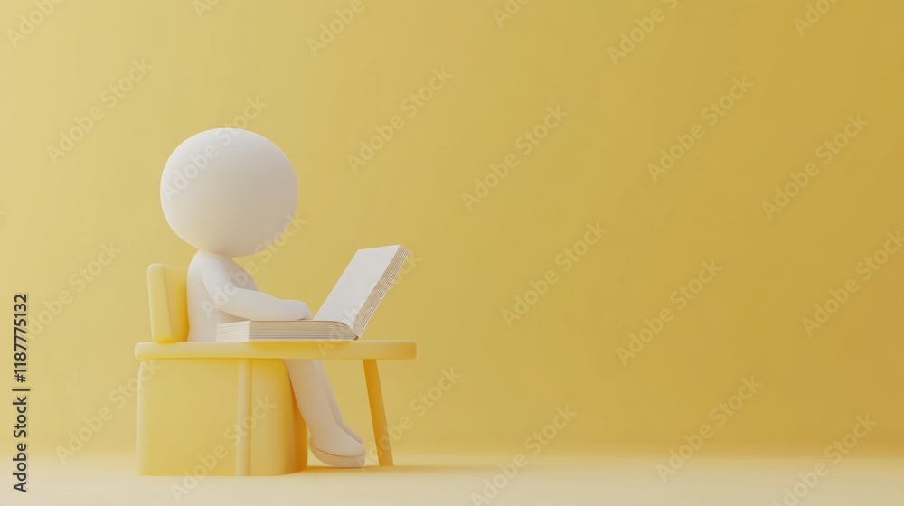 Fototapeta premium 3D Render of a Person Working on a Laptop in a Yellow Room Minimalist Digital Art Illustration